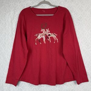 Coldwater Creek Reindeer Long Sleeve Top 1X Bead Embroidery Christmas Holiday